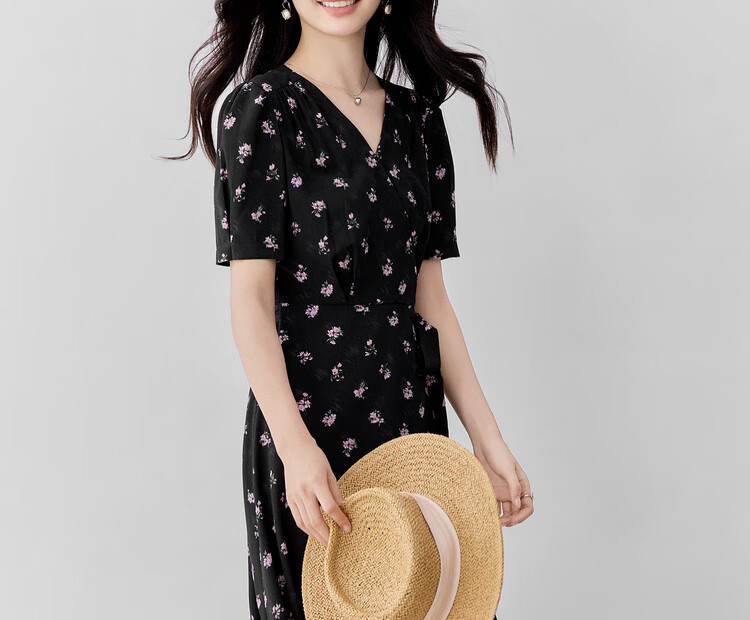 Shangdu Bila V-Neck Short Sleeve Printed Dress Women Summer Waist Slimming Tea Break Floral Elegant Commuter Mid-Length Dress 18