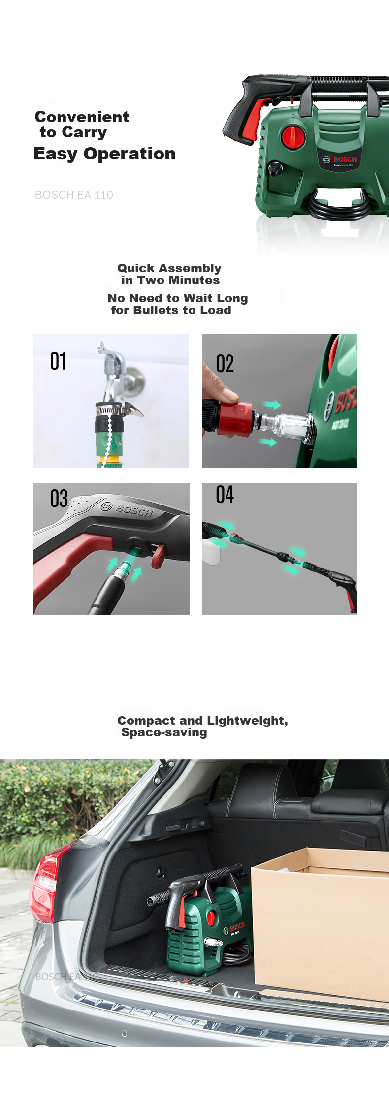 BOSCH EA110 Car Washer, High-Pressure Cleaner, 220V Household High-Pressure Water Gun, Car Washing Pump EA110 + 15-Meter Hose 6