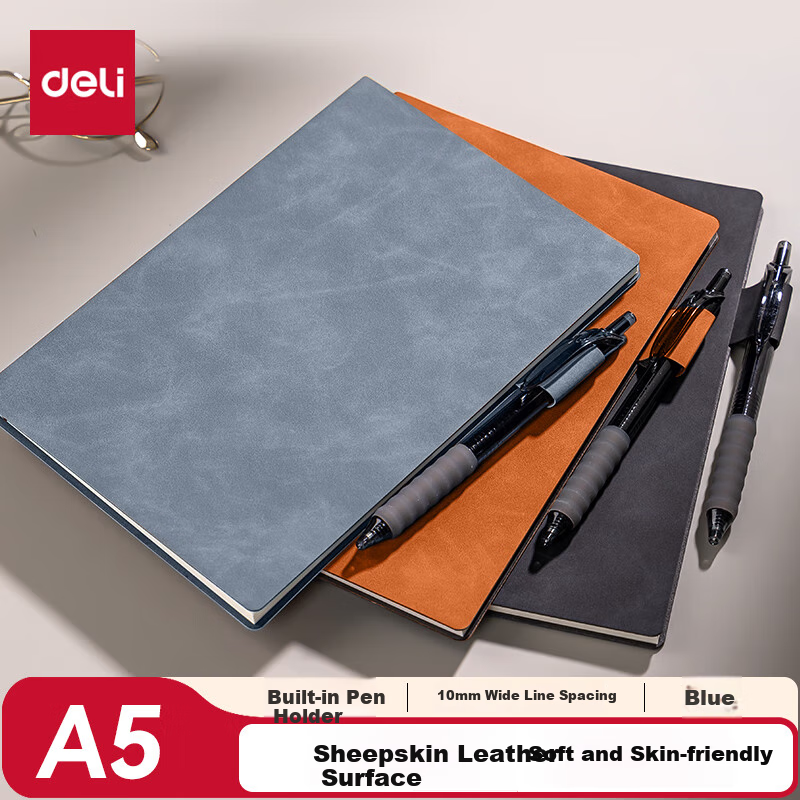 Deli A5 Size 64-Sheet Leather Notebook with Pen Holder, Fashionable Lambskin Journal for Office Notes And Meeting Minutes BP109 Blue