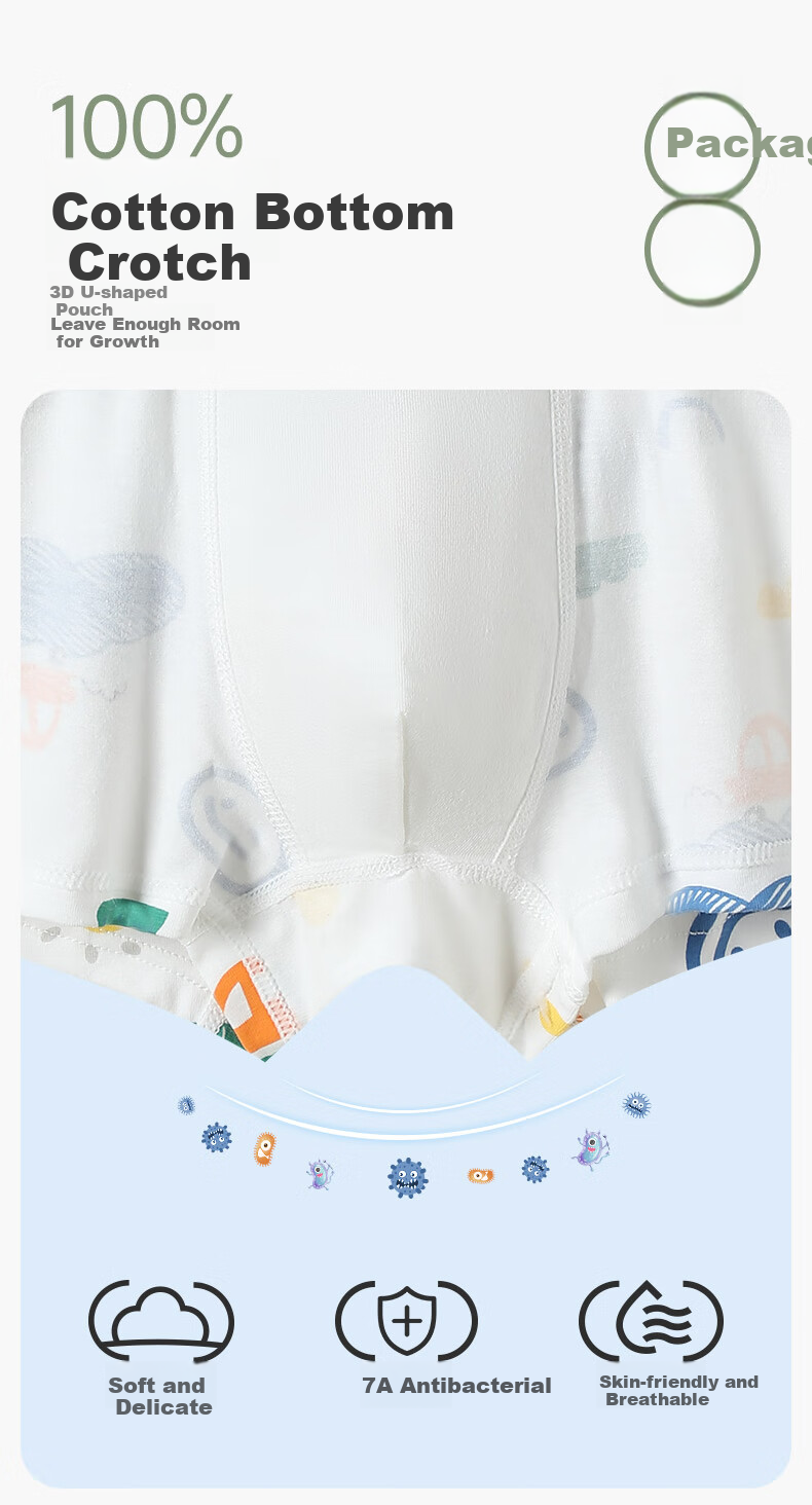 FENTENGCARE Kids Underwear Class A Baby Cotton 7A Antibacterial 5-Pack 100% Cotton Crotch Boys Cartoon Boxer Briefs 4