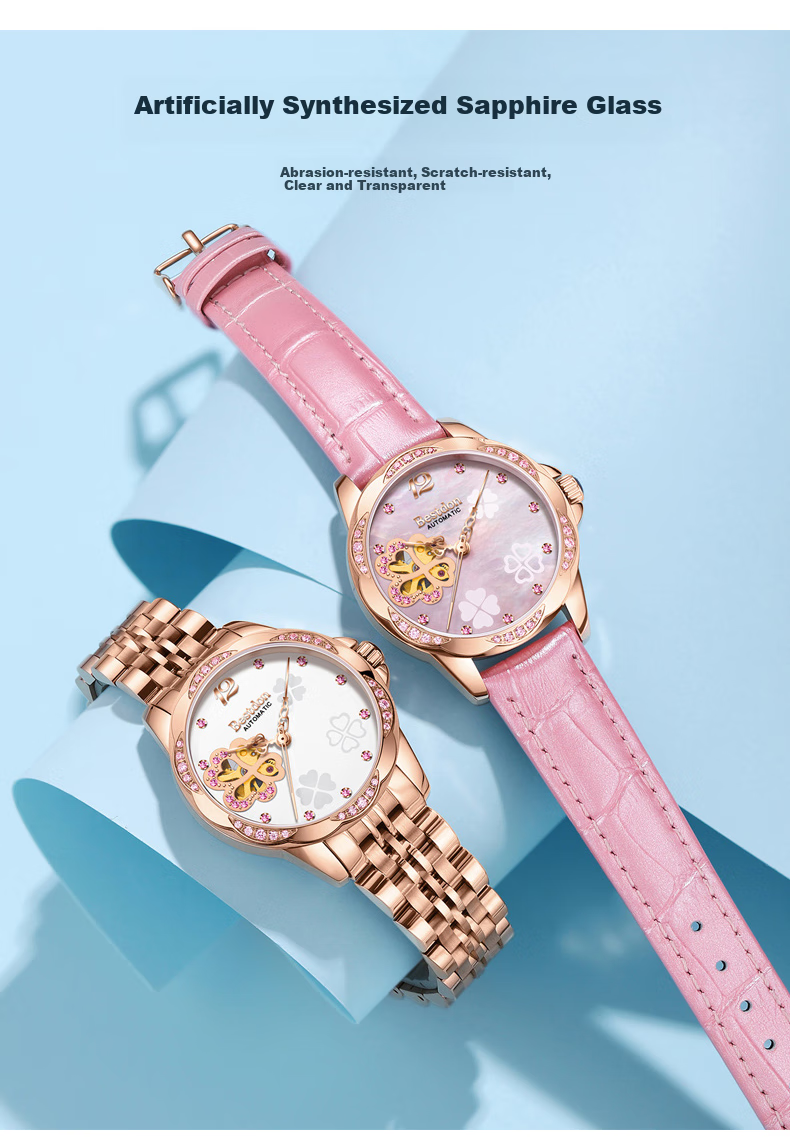 Bestdon Women's Mechanical Watch, Skeleton Four-Leaf Clover with Diamond Inlay Wristwatch Gift Box for Women, Present for Goddess 6