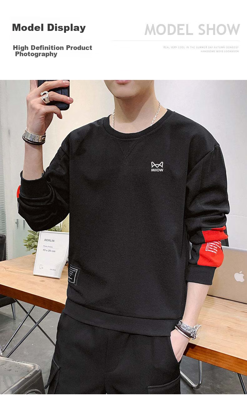MiiOW Sweatshirt for Men, Spring And Autumn Long-Sleeve T-Shirt, Round Neck Casual Trendy Brand Top, Black, 3XL 9