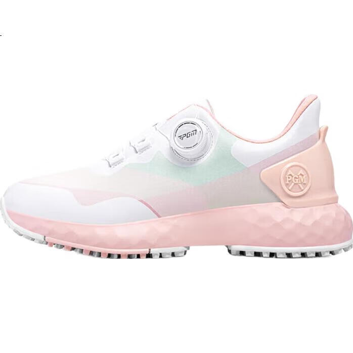 PGM Women's Waterproof Golf Shoes with Rotary Laces, Non-Slip Sneakers, Golf Cleats, White And Pink, Size 38