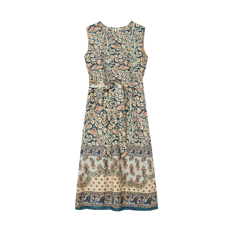 Demana [Silk Story] Summer Luxury 100 Mulberry Silk Beach Dress Round Neck Printed Straight Women's Dress