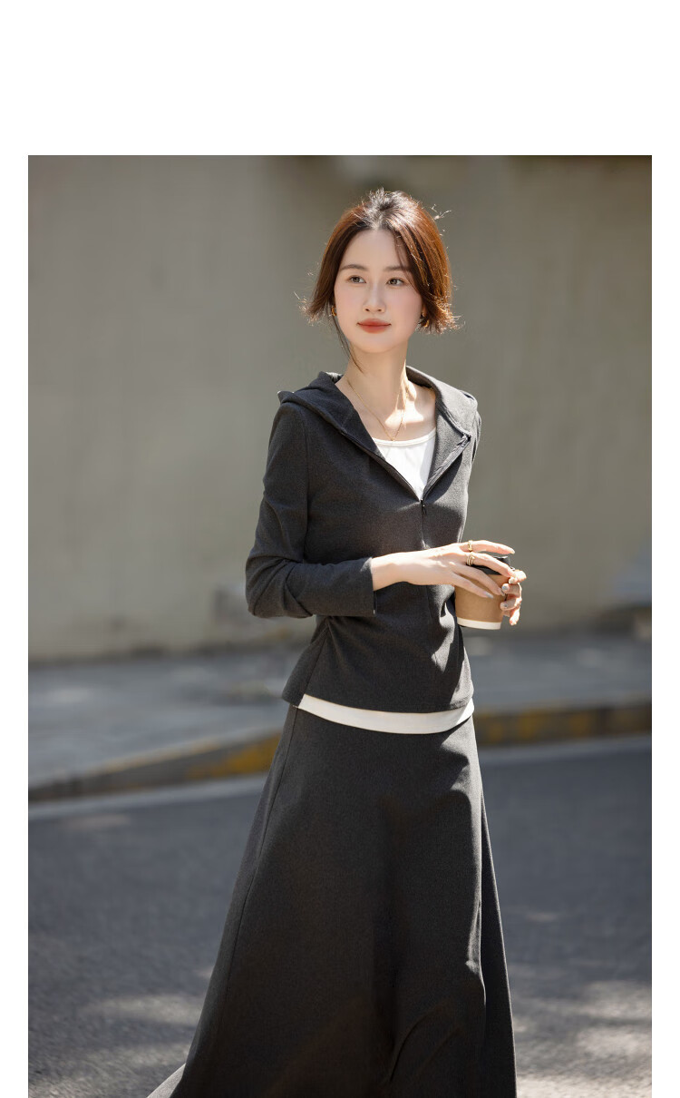 Demana [Cloud Feeling Cashmere Set] Autumn Simple Fake Two-Piece Hooded Top with Elastic Waist A-Line Skirt Women's Two-Piece Set 1