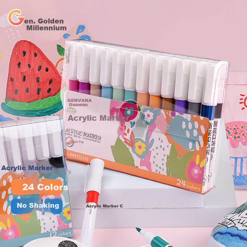 Genvana [Soft Tip Markers] Water-Based Acrylic Markers Washable Kindergarten Art Supplies Drawing Children's Doodle Pens DIY Guka Pens 24-Color Set G-09915(24)