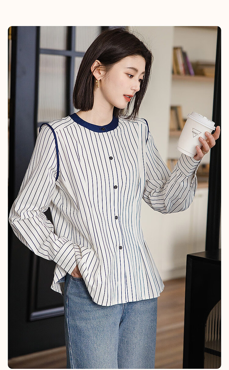 Demana Casual Wealthy Style Spring Japanese Cloud Cotton Vintage Striped Colorblock Shirt Women's Top 2