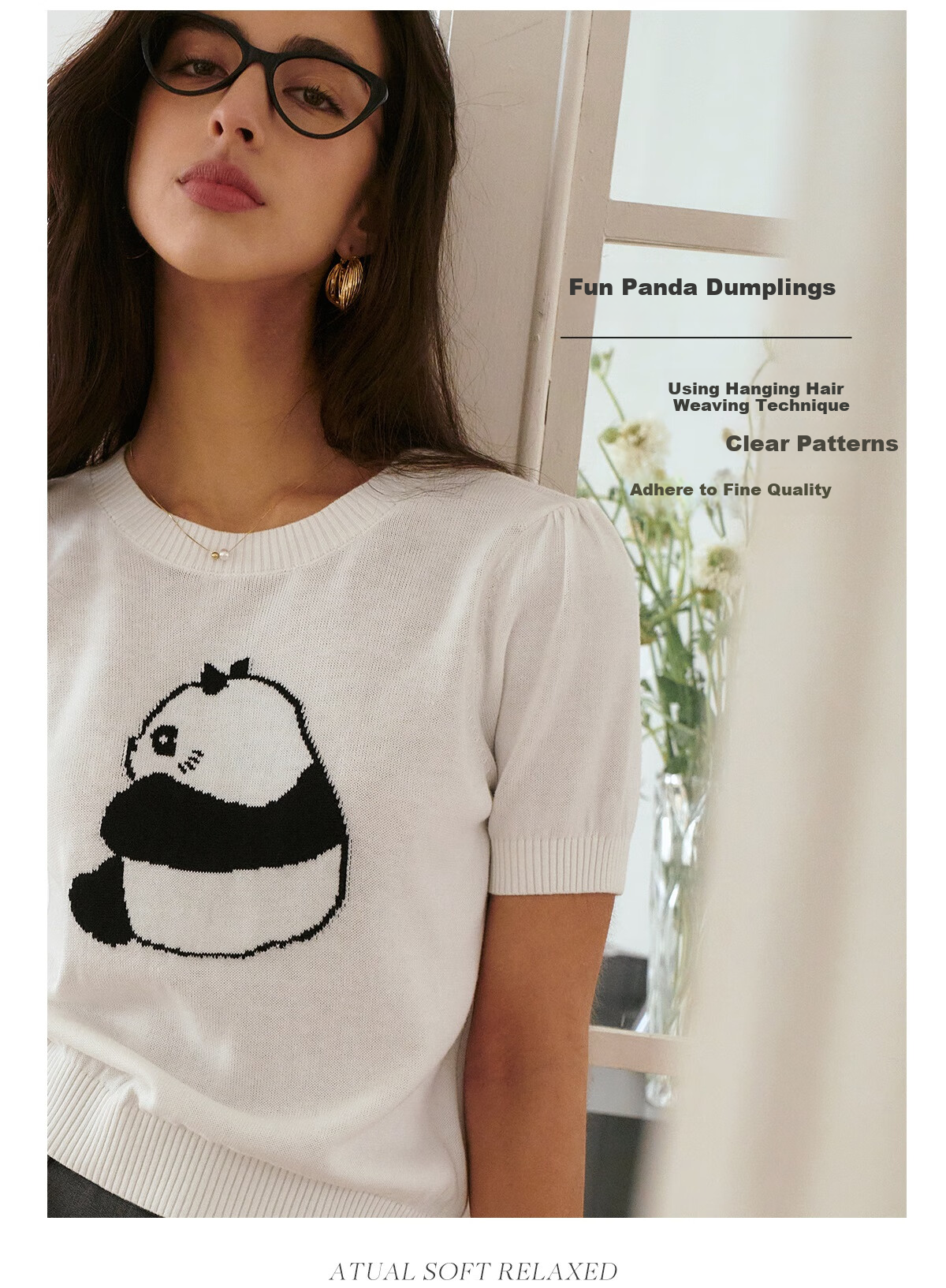 Oulain Elegant Short-Sleeve Knit Top for Women, Spring And Summer Fun Panda Pullover Sweater, Light Gray, L 7