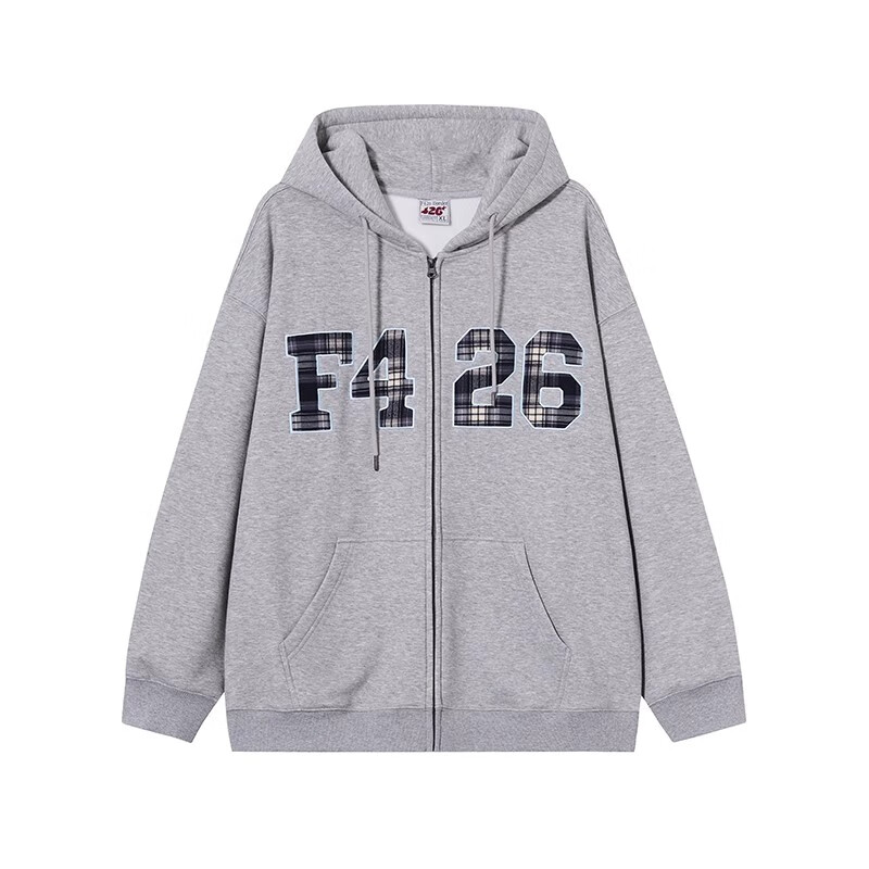 F426 [Zhao Lusi Style] National Trend Brand Loose Fit Large Logo Plaid Applique Embroidered Sweatshirt Jacket Heather Gray XL