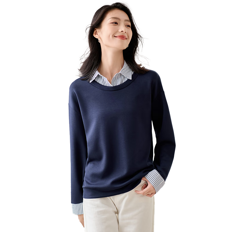 Chushen Women's Patchwork Striped Shirt Collar, Fashionable Faux Two-Piece Design with Delicate Brooch Top S143W1012