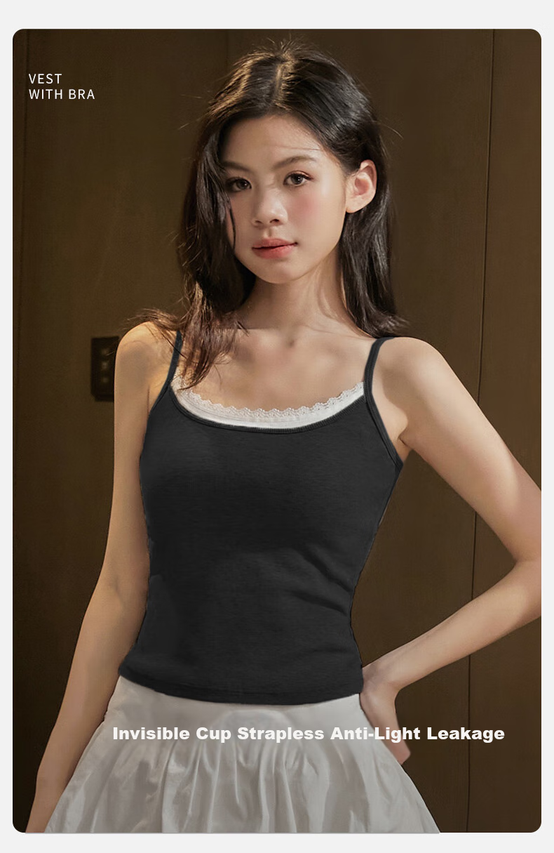 MiiOW Women's Camisole Tank Top for Summer, Sweet And Sexy Two-Piece Design, Black And White Inner Layer with Chest Pads, Conceals Side Boob, Can Be Worn As Outerwear Or Undershirt 8