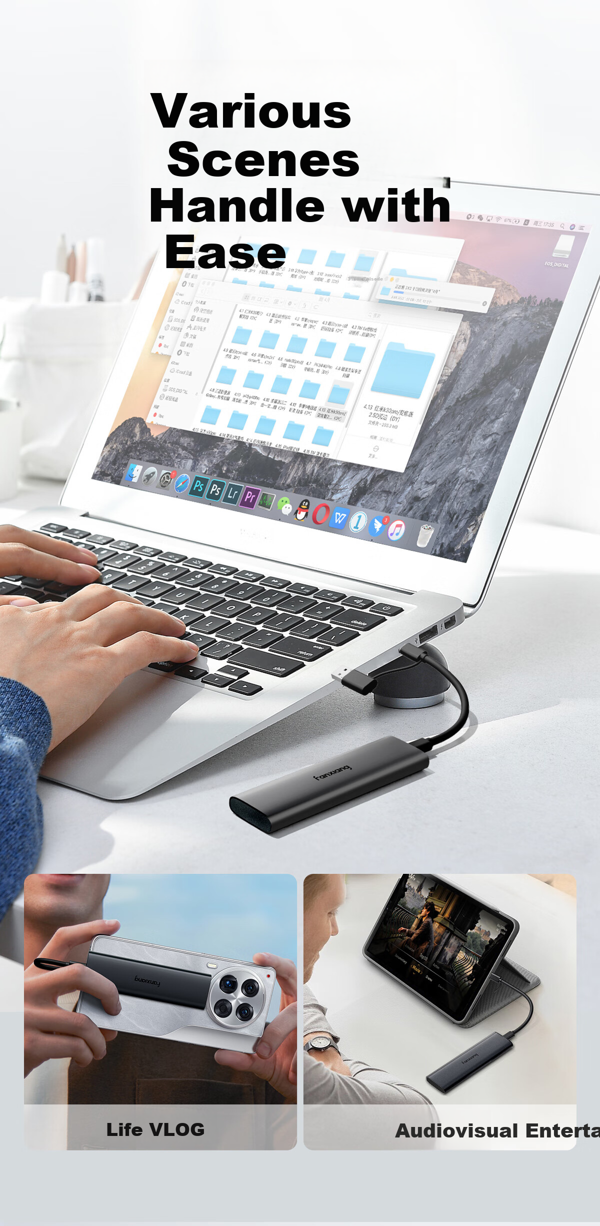 FANXIANG 2TB Portable Solid State Drive (PSSD), Type-C USB 3.2 High-Speed Reading 1000MB/s, Direct Phone Connection, Laptop External Hard Drive PS1008 7