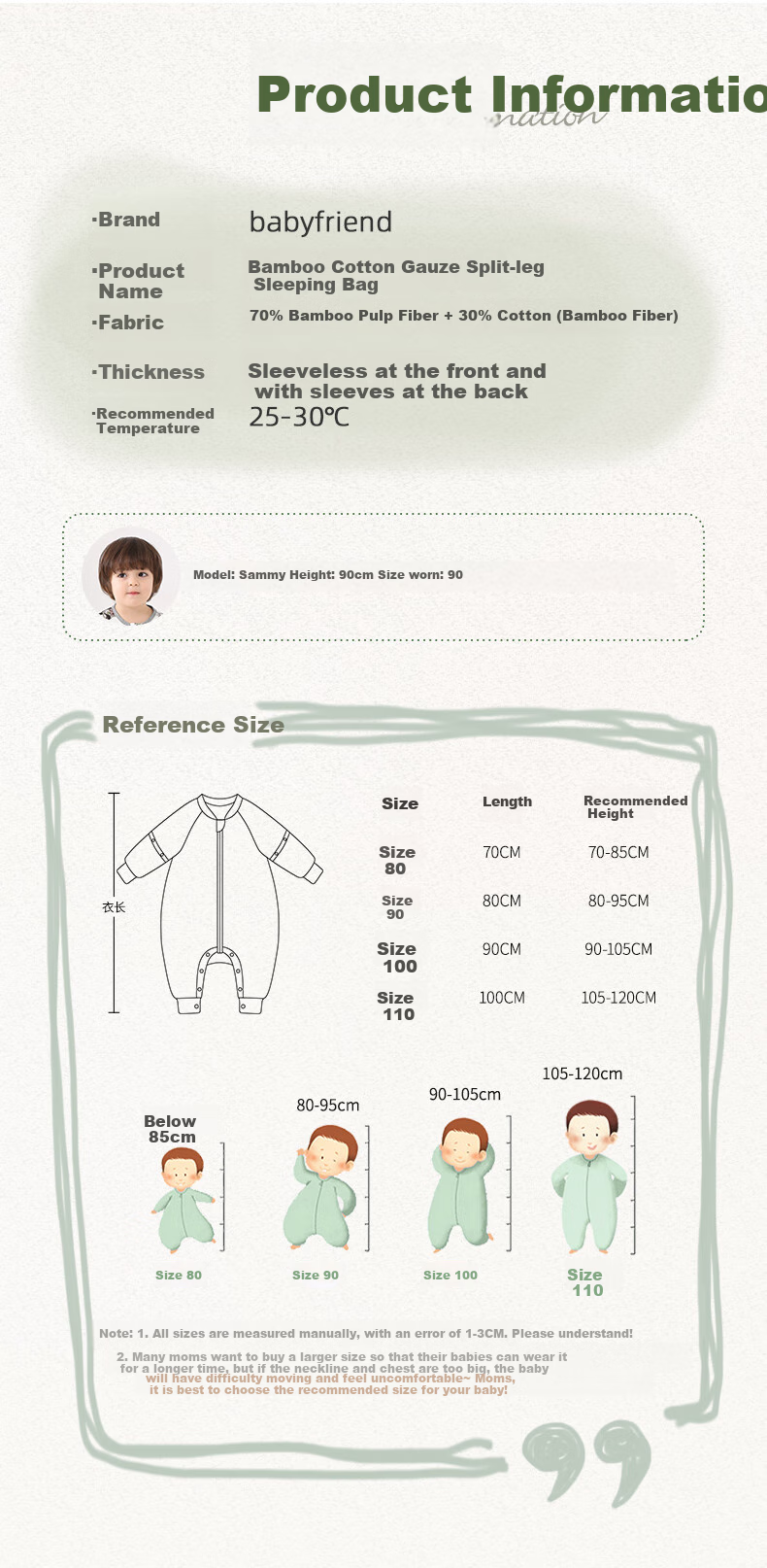 Baby Friend Bamboo Cotton Sleeping Bag for Infants, One-Piece Pajamas, Anti-Kick Blanket for Children, Summer Use, Front 4 Back 2 Mesh Sleeping Sack, Size 100 13
