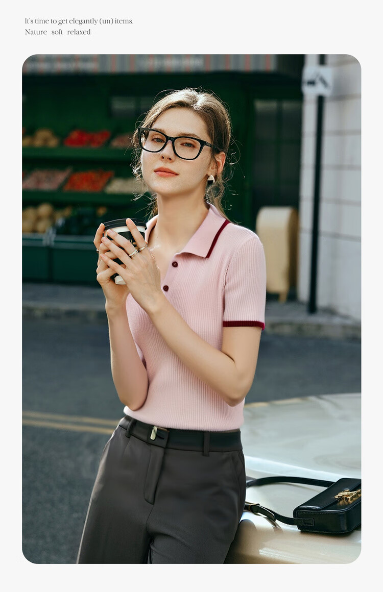 Olrain Pink Polo Collar Commuter Style Knit Pullover Women's Summer Top Pink L 10
