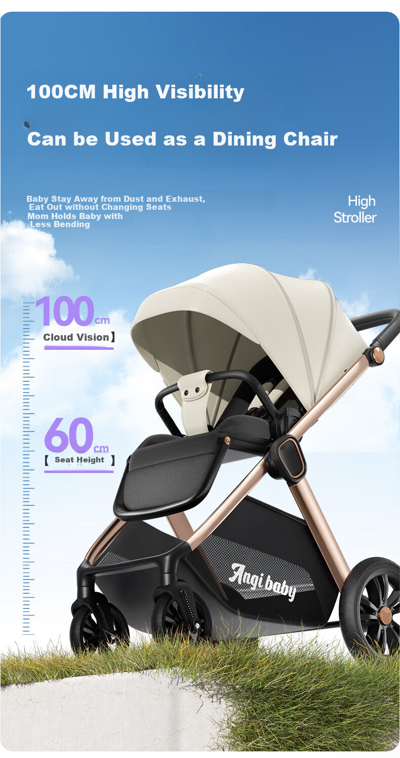 ANGI BABY Stroller with High View, Reversible Seating And Lying Positions, Shock-Absorbing, Foldable, Suitable for Newborns to 3 Years Old 13