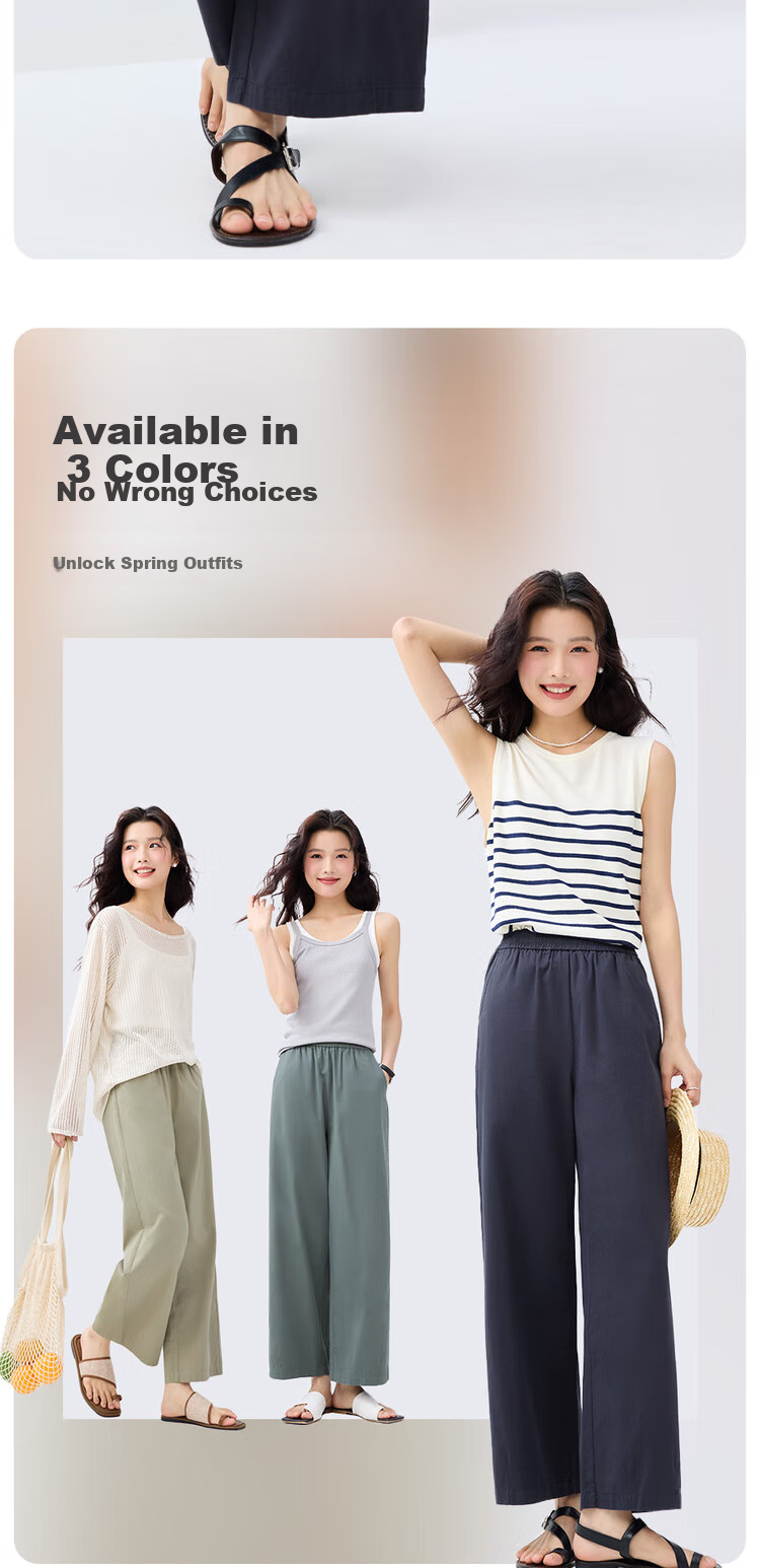 Giordano Women's Pants, Pure Cotton Lightweight Pleated Straight-Leg Trousers, Elastic Waist Casual Capri Pants, Women's 05425065 6