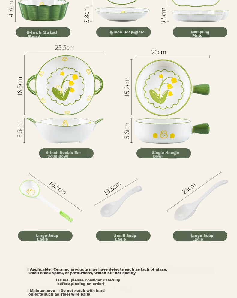 KANGMO Tableware Set, New Home-Use High-Temperature Underglaze Color Fresh Ceramic Bowls And Plates, Complete Dinnerware Set, Lily of The Valley Rabbit Design, 18 Pieces 16