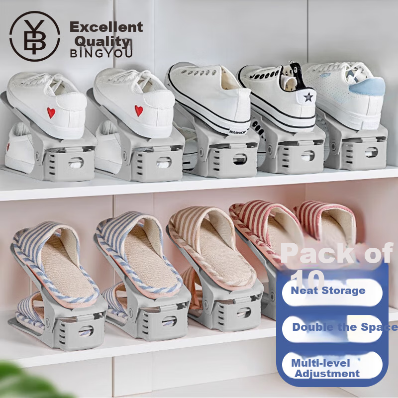 Bingyou Space-Saving Shoe Rack, 10-Pack, Adjustable Shoe Storage Organizer, Shoe Shelf with Dividers, Shoe Cabinet Organizer Rack