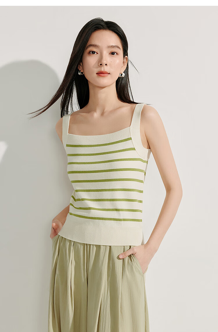 INMAN Striped Square Neck Knitted Camisole, 2026 Summer Women's New Short Fitted Top, Black, Size L 37