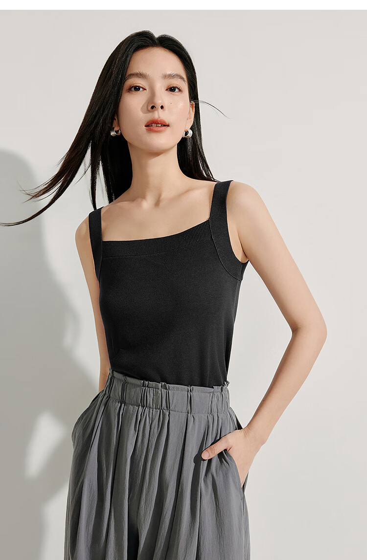 INMAN Striped Square Neck Knitted Camisole, 2026 Summer Women's New Short Fitted Top, Black, Size L 20
