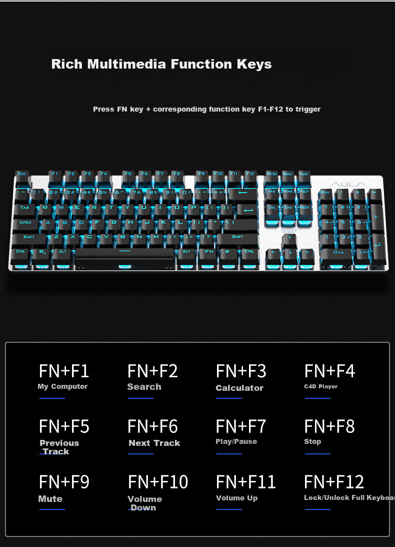 AULA S500 Mechanical Keyboard Wired Backlit Full-Size 104-Key Gaming E-Sports Computer Multimedia Office PUBG Full Anti-Ghosting Retro Three-Color Scheme Ice Blue Light Green Switches 12