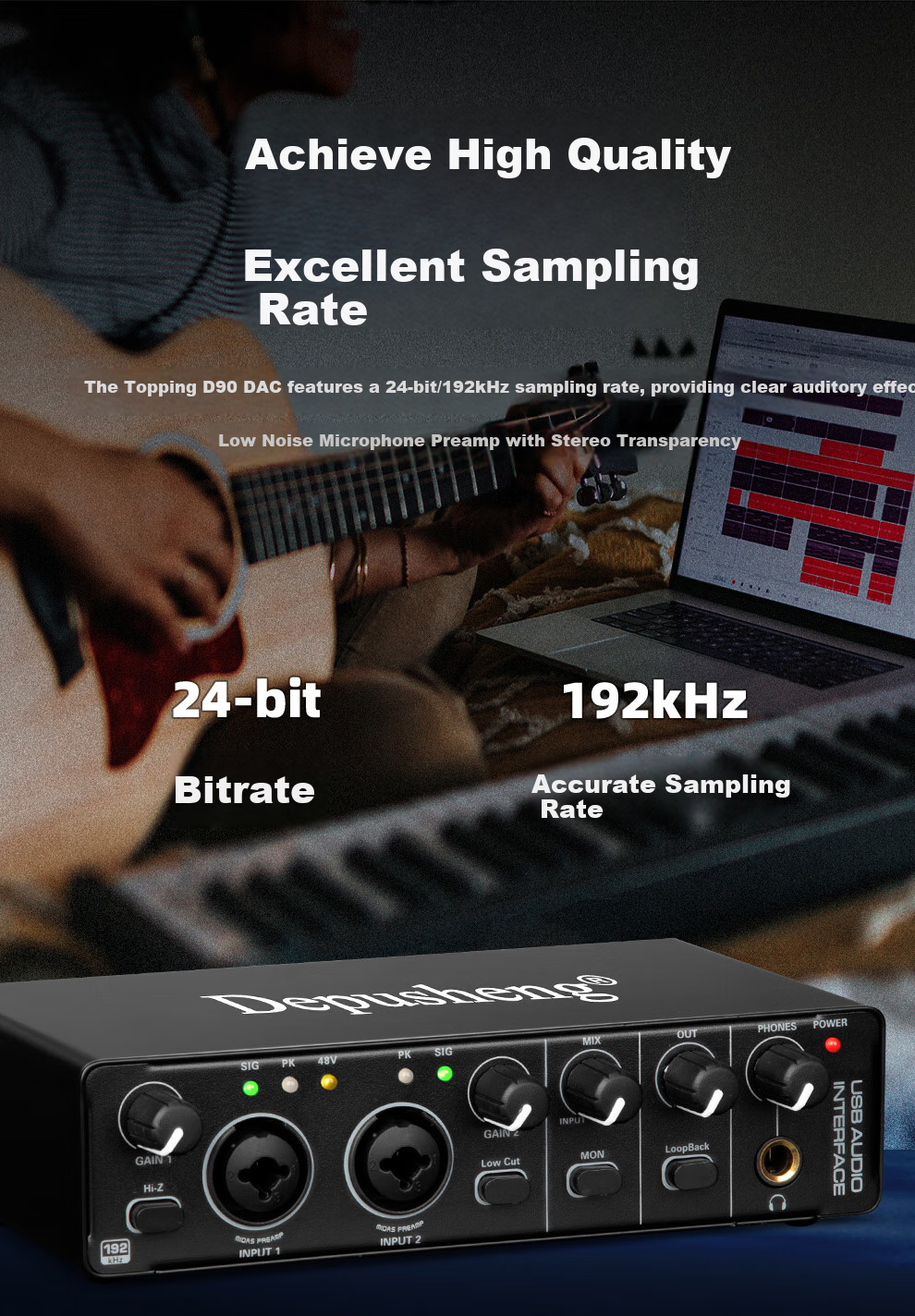 Depusheng Mobile Phone And Computer Live Streaming Sound Card USB High-Definition Recording Professional Post-Production Voiceover Audio Recording Music Composition Live Streaming with Audio Book Host Guitar Instrument 48V Power Supply Outdoor MD22 4