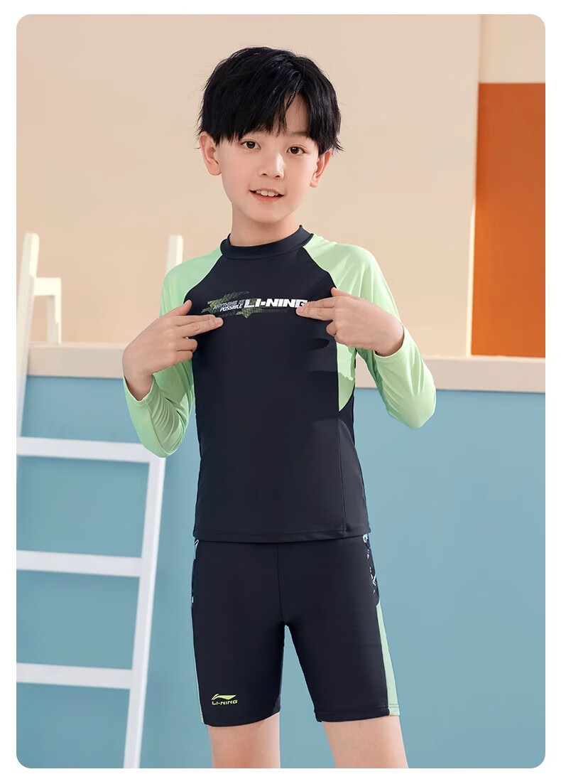 LI-NING Kids Boys Two-Piece Swimsuit Boys New Long Sleeve Swimwear for 6-12 Years Old Youth Hot Spring Bathing Suit 5