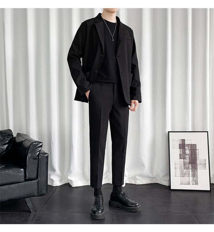 TUCANO Men's Suit Set Korean Style Fashion Two-Piece Business Casual Versatile Jacket and Comfortable Trousers Black XL 5