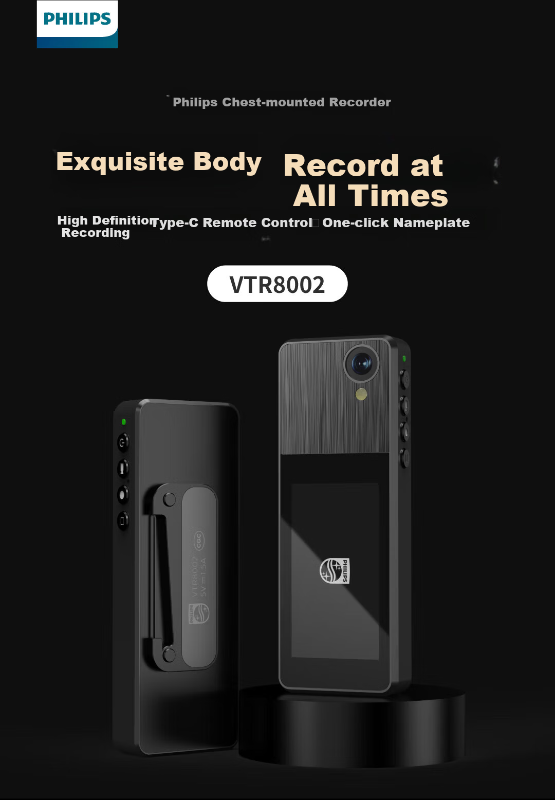 PHILIPS VTR8002 Badge-Style Law Enforcement Recorder, Portable Chest-Mounted Small Color Screen Video Recorder, Mobile Phone Connectivity, 64GB 1