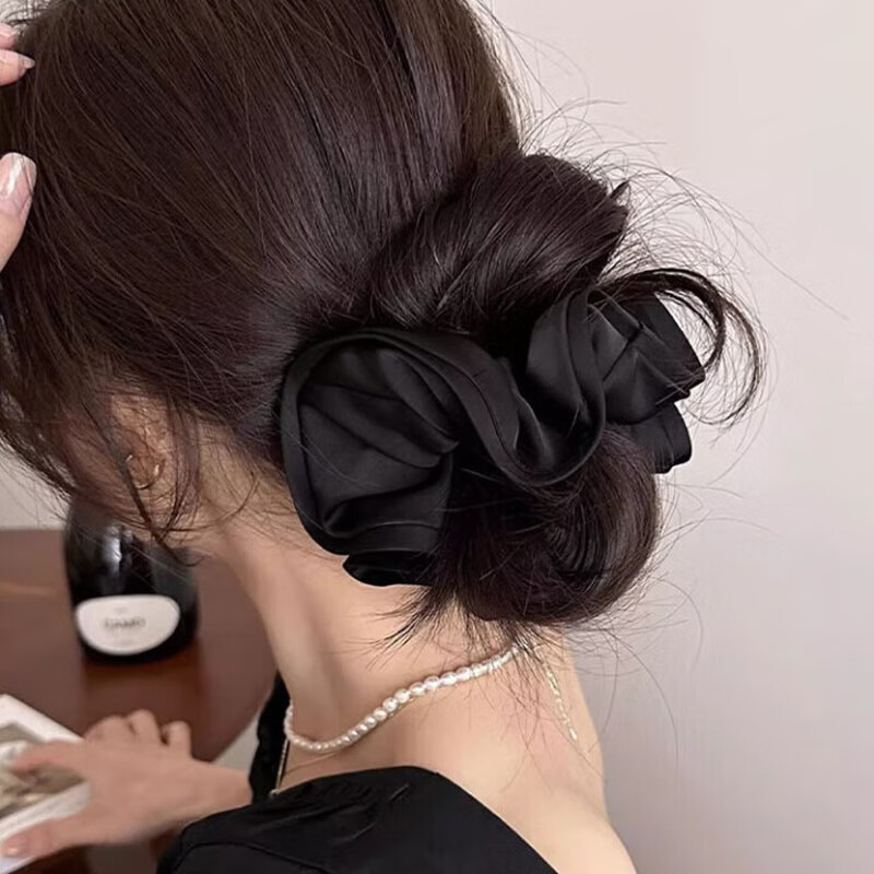 Liqing Satin Ruffle Hair Tie, Elastic Band, Hair Scrunchie, Internet Celebrity Style Hair Bun Maker, Women's Black Hair Accessory