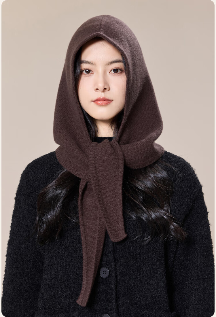 JIUMU Pure Wool Warm Knitted Balaclava Hat for Women Autumn Winter Cold-Resistant Hat with Integrated Hood and Scarf 12