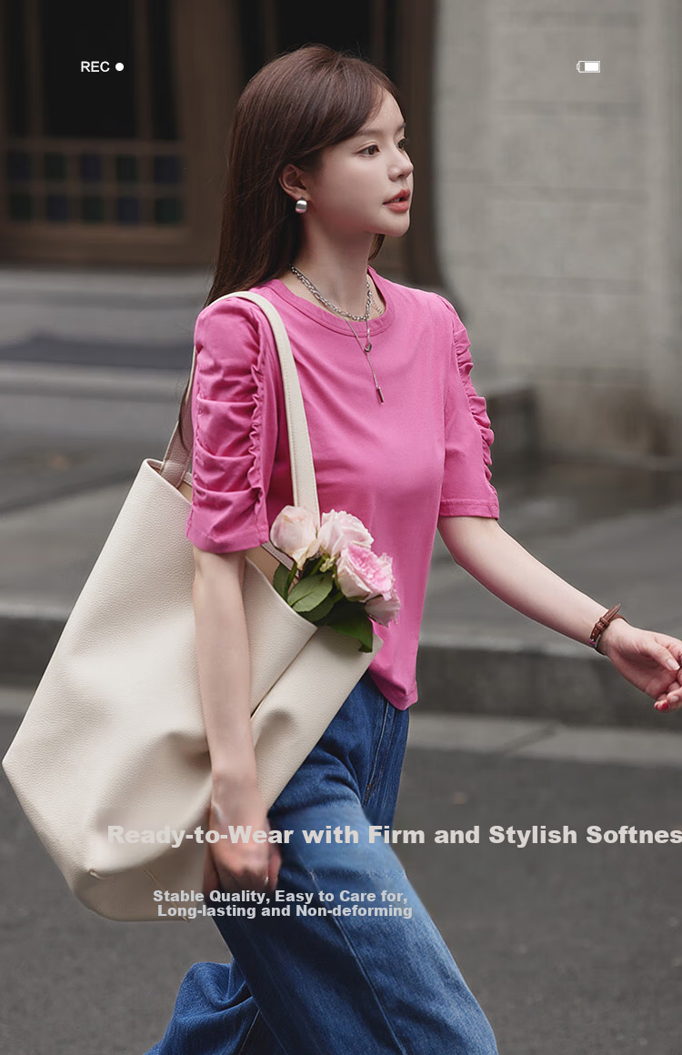 Mt [Korean Sweet Style] Summer All-Cotton Puff Sleeve Ruffle Trim Round Neck T-Shirt 7