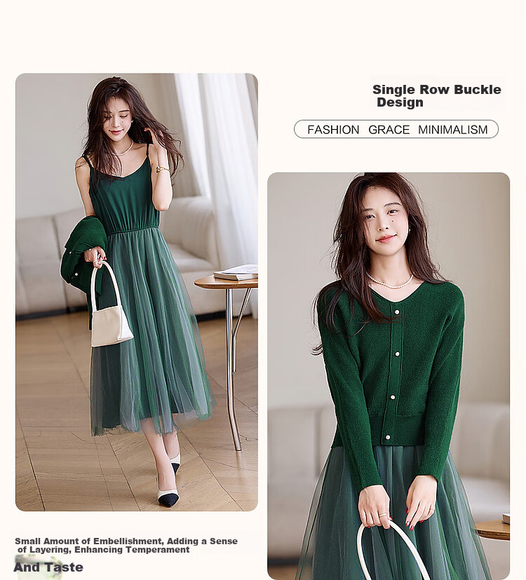 Dme Ballet-Style Set, Spring And Autumn Round Neck High-Elastic Knit Sweater, Mesh Spaghetti Strap Dress, Flowing Two-Piece Set for Women, Dark Green, M 5