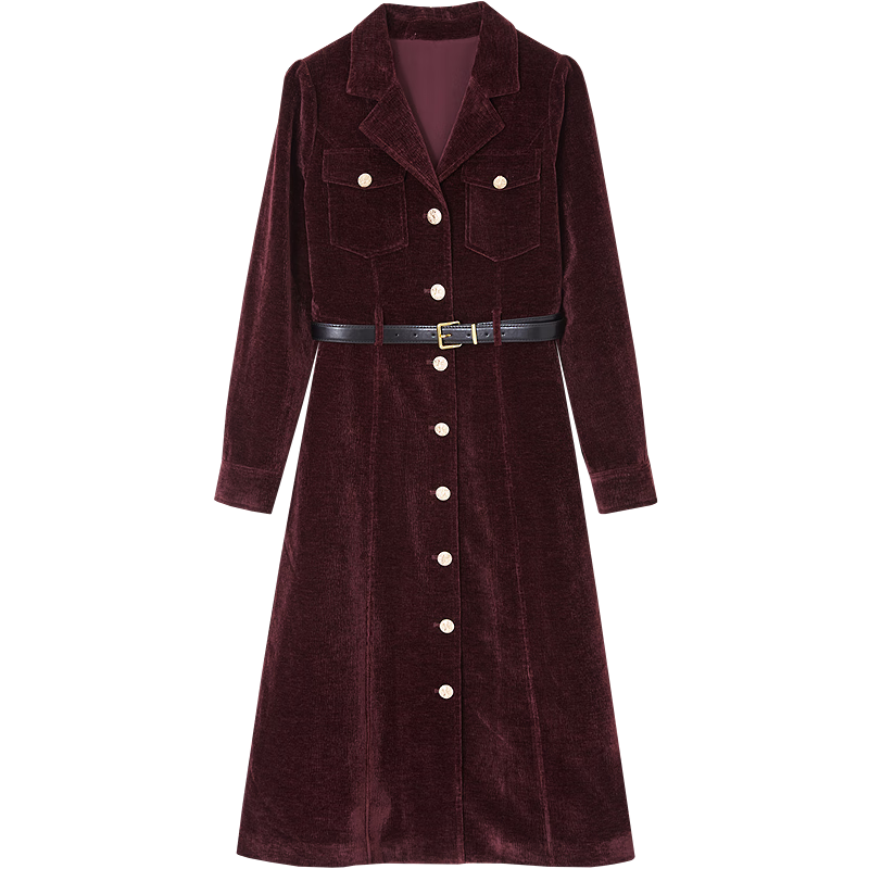 Demana Velvet Chenille Autumn Lightweight Luxury Elegant Irregular Ripple Lapel Patch Pocket Waist-Cinching A-Line Dress