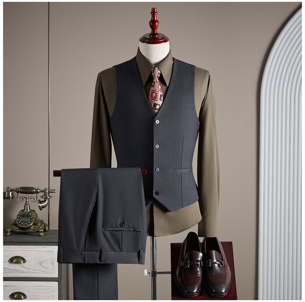 ROMON Men's Suit Set (Blazer + Vest + Trousers) Professional Formal Wool Coat Navy Blue 4XL 2