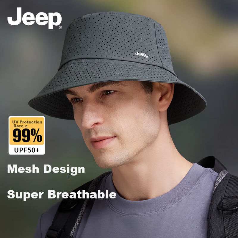 JEEP Men's Summer Fisherman Hat, Outdoor Mesh Breathable Bucket Hat, Sun Protection Hiking Cap for Women, Rock Gray