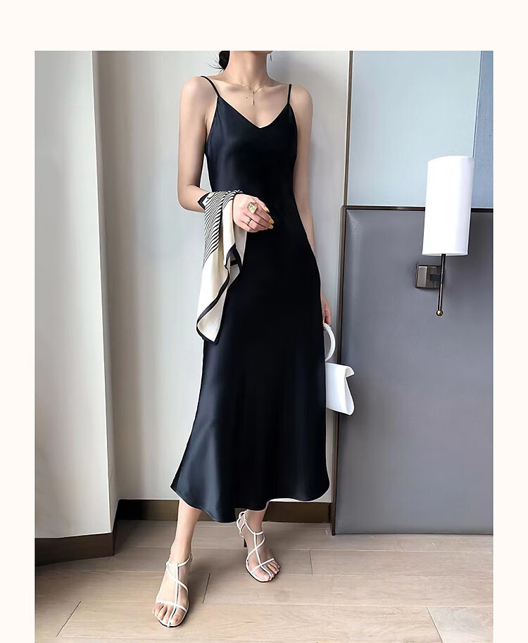 Dme [Glossy Satin Spaghetti Strap Dress], Elegant X-Shaped Spaghetti Strap Midi Dress for Women, Spring And Summer 5