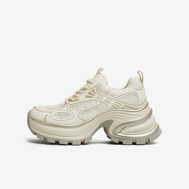 TATA TATA Interstellar Galaxy Thick-Soled Dad Sneakers Breathable Casual Sports Shoes 2025 Beige/Gold Size 38