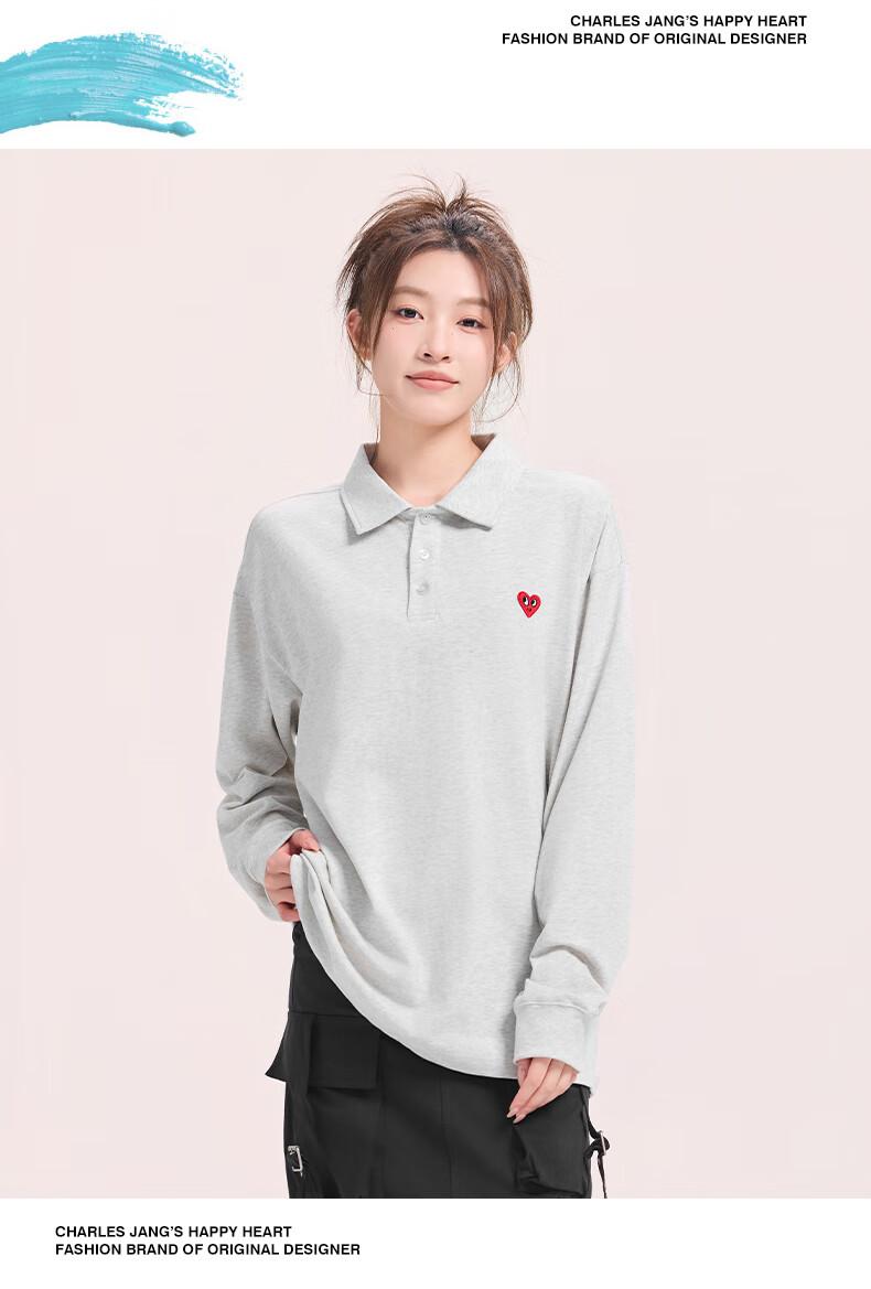 Charles Peach Heart Simple Collar Polo Sweatshirt Unisex Couple Small Heart Chest Autumn Long Sleeve Off-White S 5