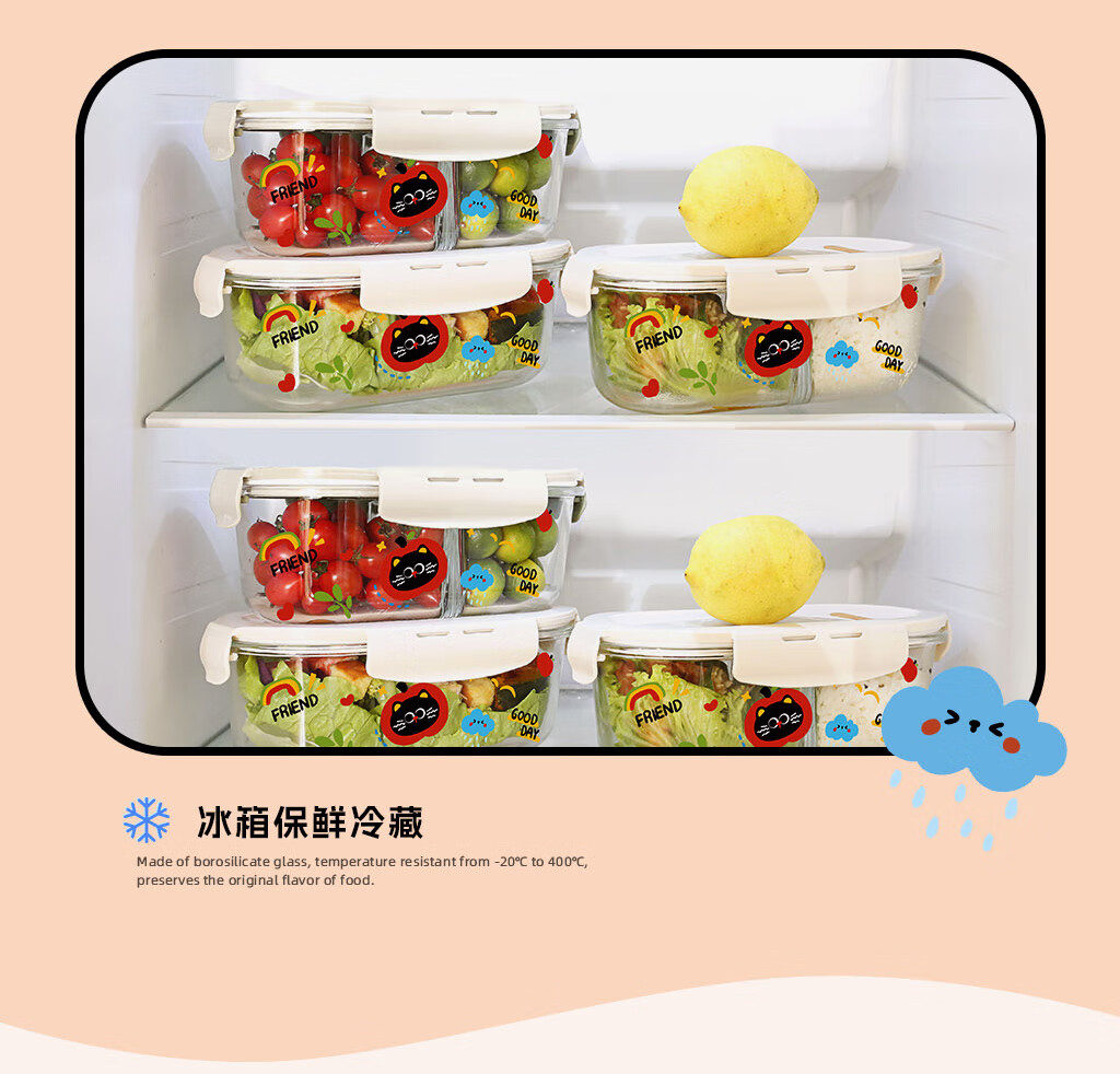 Demars Heat-Resistant Glass Food Storage Container Microwave Oven Lunch Box with Two Compartments 1000ml Plus Bag 1