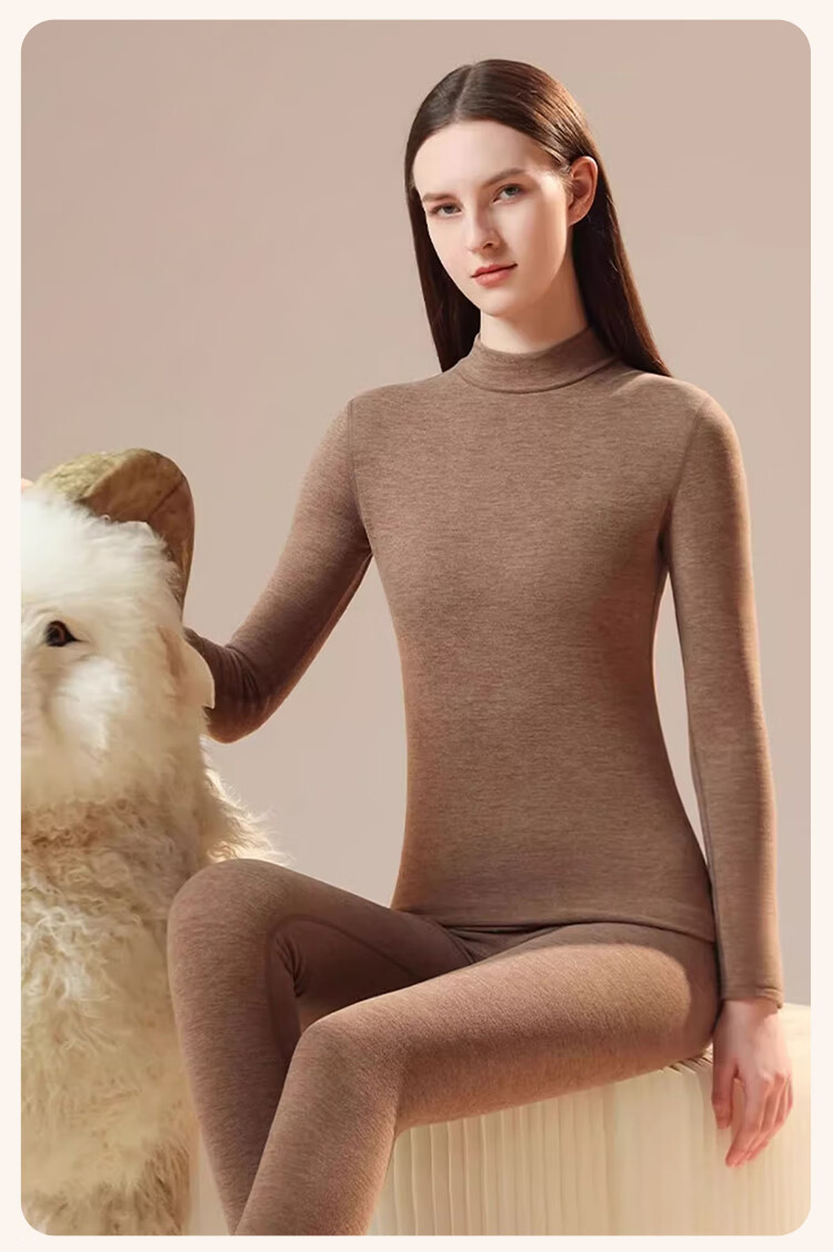 LangSha Autumn Winter New Mid-High Collar Cashmere Thermal Underwear Women Thickened Fleece Heating Slim Fit Base Layer Set 12