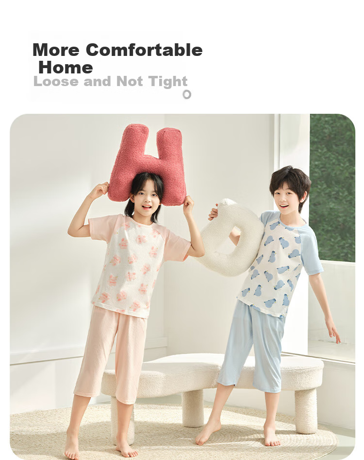 Hodo Children's Pajamas, Pure Cotton, Thin Summer Style, Air Conditioning Wear, Short-Sleeve Set for Boys And Girls, Home Wear for Older Children, 3351, Size 110 13