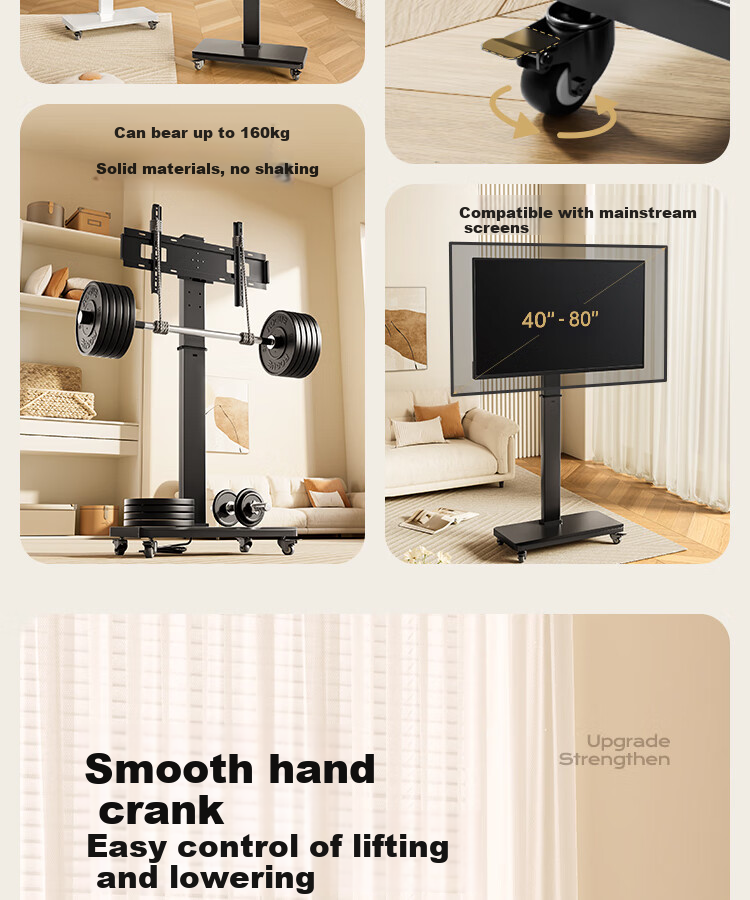 Enlipu TV Stand, Mobile 40-80 Inch Horizontal And Vertical Screen, 90° Rotation, Height Adjustable, Floor-Standing TV Mount, Monitor Bracket Suitable for Multiple Brands of TVs 6