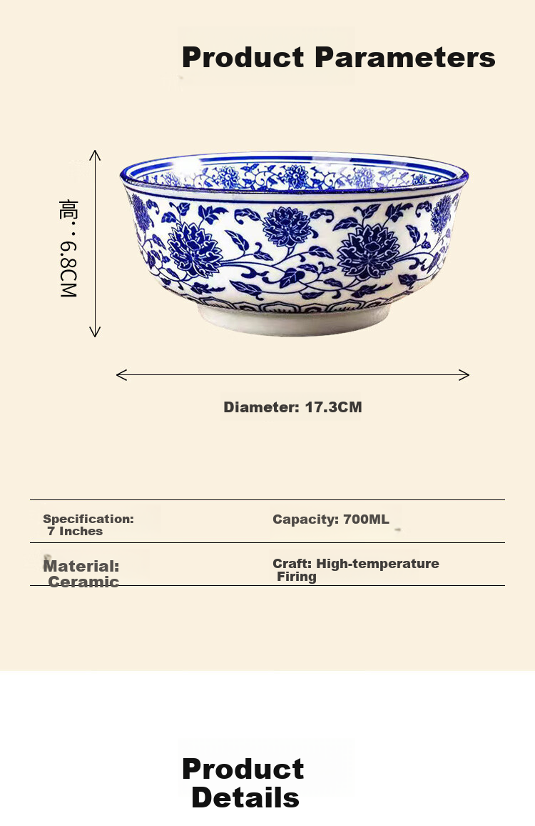 Chuanqi Blue And White Porcelain Noodle Bowl, 7-Inch Underglaze Ceramic Soup Bowl, Wide-Mouth Large Bowl for Ramen And Noodles, Tableware 6