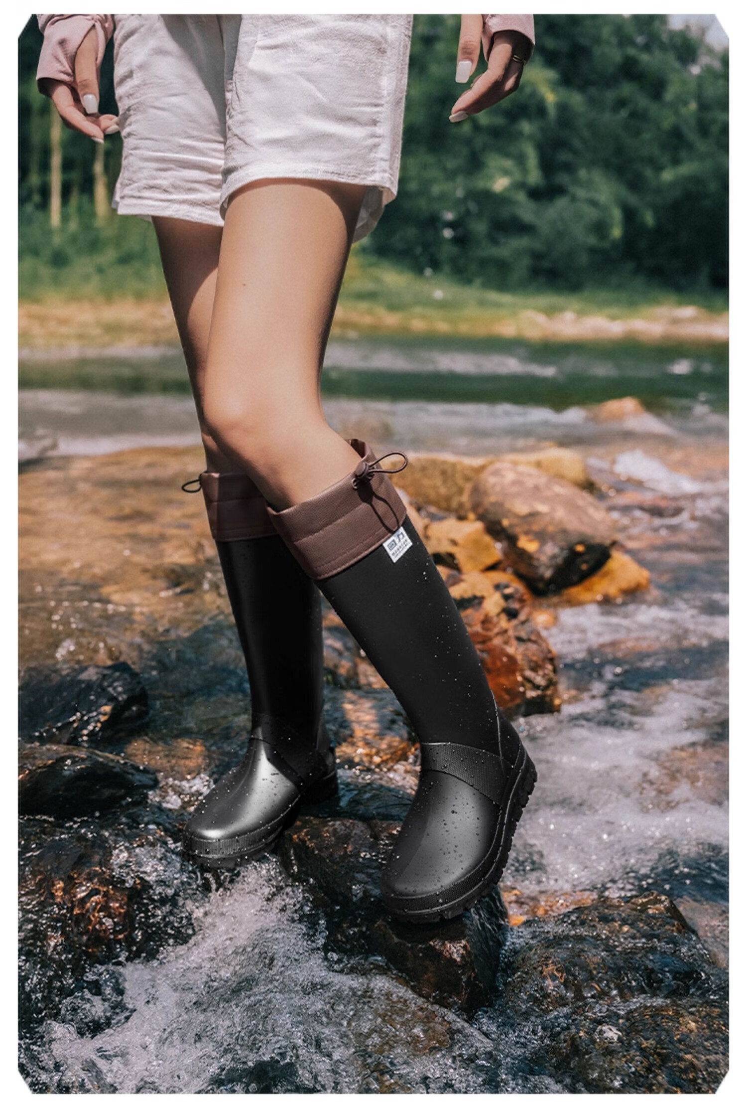 Warrior Unisex Outdoor Foldable Waterproof Rain Shoes Rubber Non-slip High Tube Rain Boots Camping Creek Shoes Brown Size 39 14