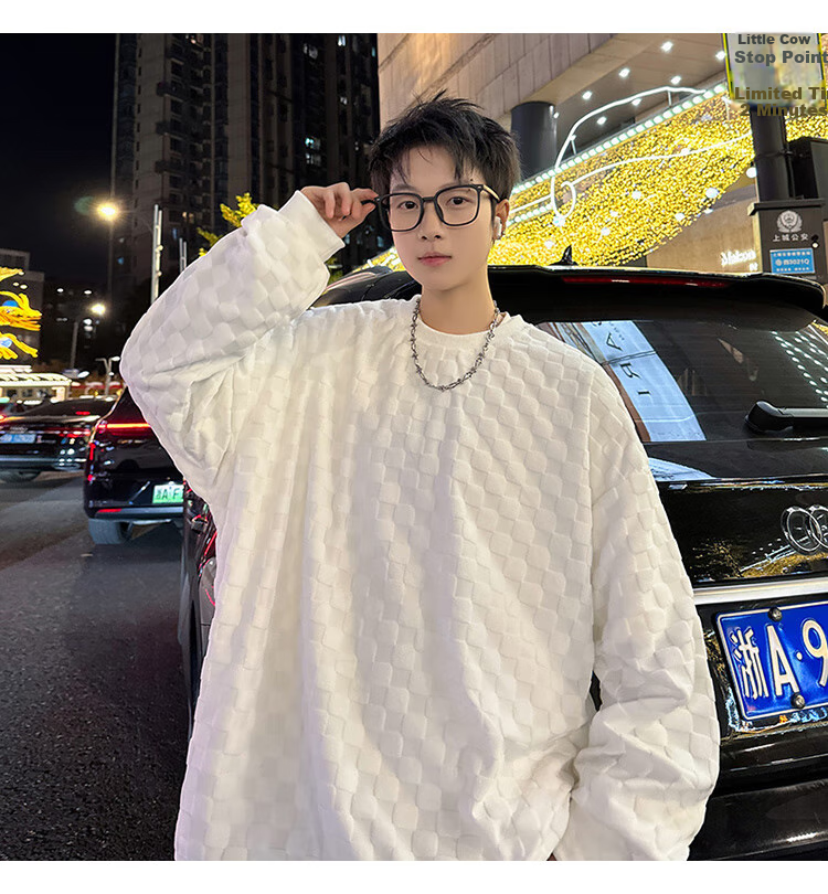 Dingfengbaoluo Japanese-Style Plaid Crew Neck Sweatshirt for Men, Spring Loose-Fitting High-End Casual Base Layer Top DFL77 Black XL 1