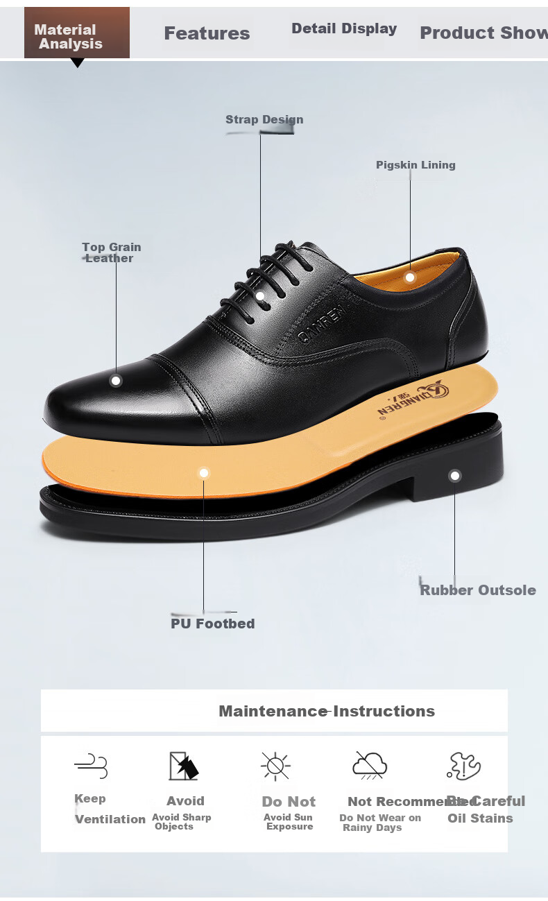 Qiangren Formal Shoes for Men, Jihua 3515 Quality Top-Grain Leather Business Dress Shoes, Slip-On Three-Joint Sandal Leather Shoes, Black, Size 43 5