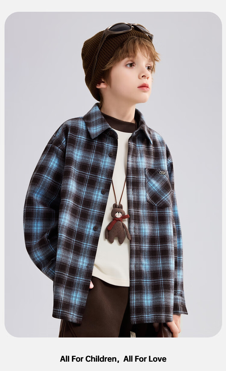ASK JUNIOR Brushed Cotton Children's Shirt 2026 Spring Big Kids Plaid Contrast Collar Boys Jacket 5