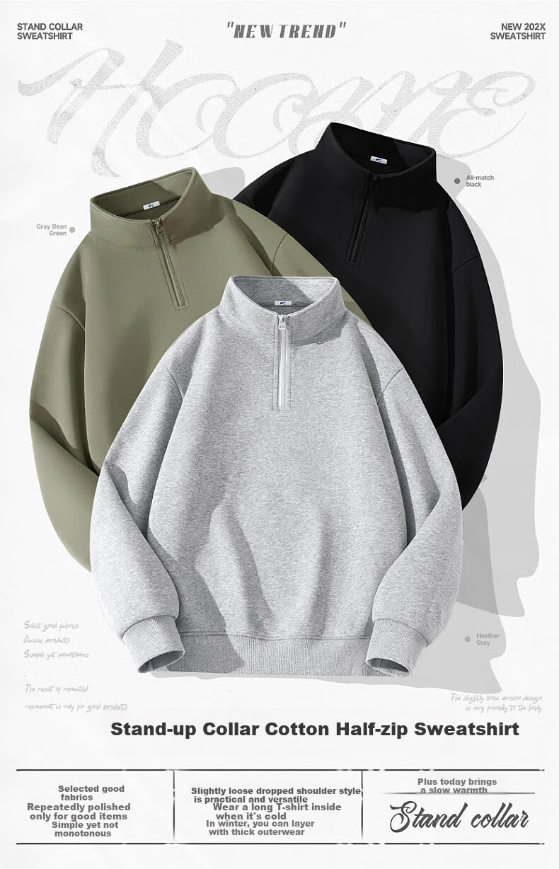 Warrior Stand-Collar Sweatshirt for Men, Spring And Autumn Simple Solid Color Sports Jacket, Loose Half-Zip Clothing for Men, Light Beige, 3XL 1