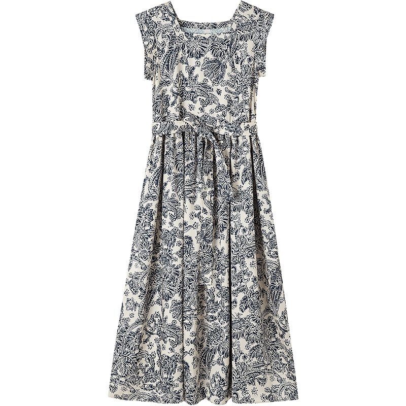 Demana [Dream Among Flowers] Summer National Style New Chinese Square Neck Tie Sleeve Waist Printed Elegant Women's Dress